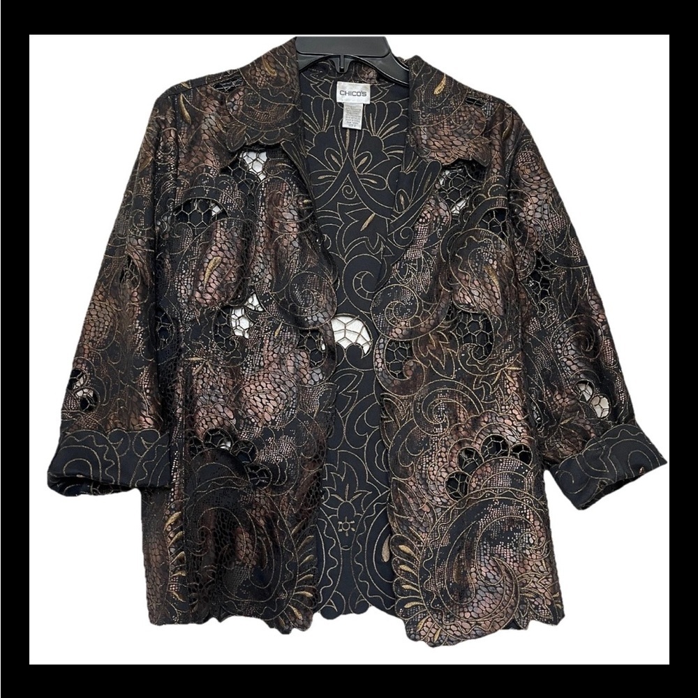 Chico's Paisley Women Size 2 Embroidered Cutout Metallic Tapestry Blazer
